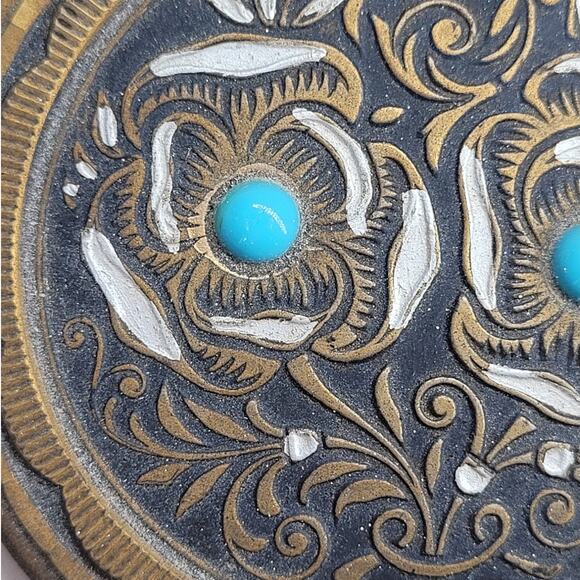 Vintage Etched Brass Black Enamel Blue Bead Floral Boho Vanity Hand Mirror - Picture 4 of 8